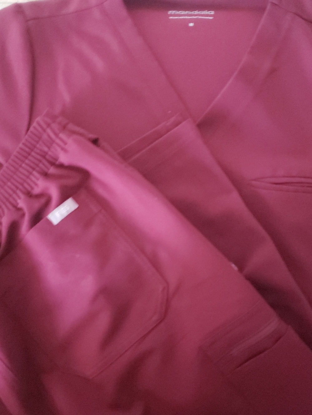 Figs Yola Slim Fit Pants, Mandala V neck One Pocket Scrub Top Both in Burgundy